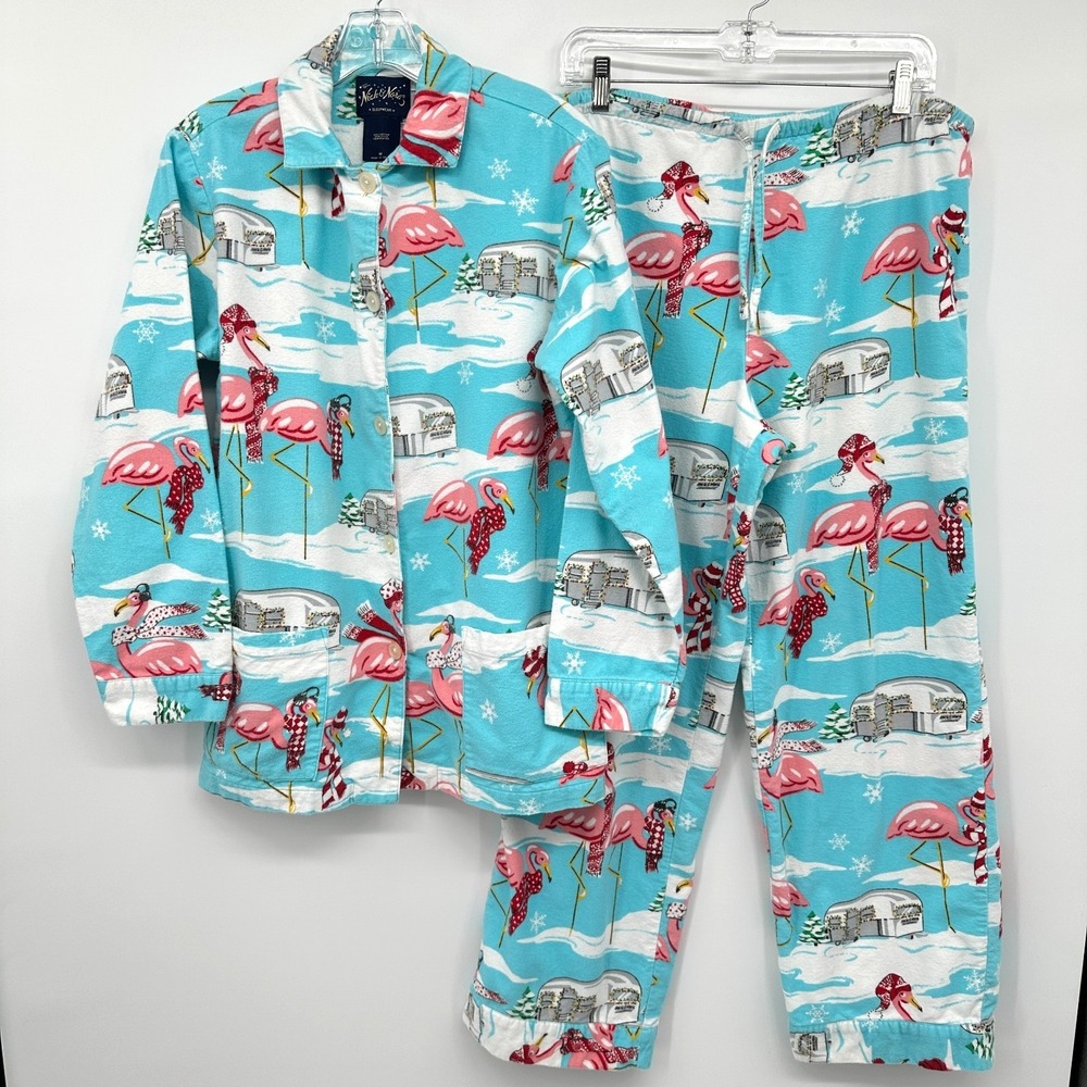 Nick & Nora Pajamas Medium‎ Flannel Flamingo Airstream Camper Set Coastal Boho